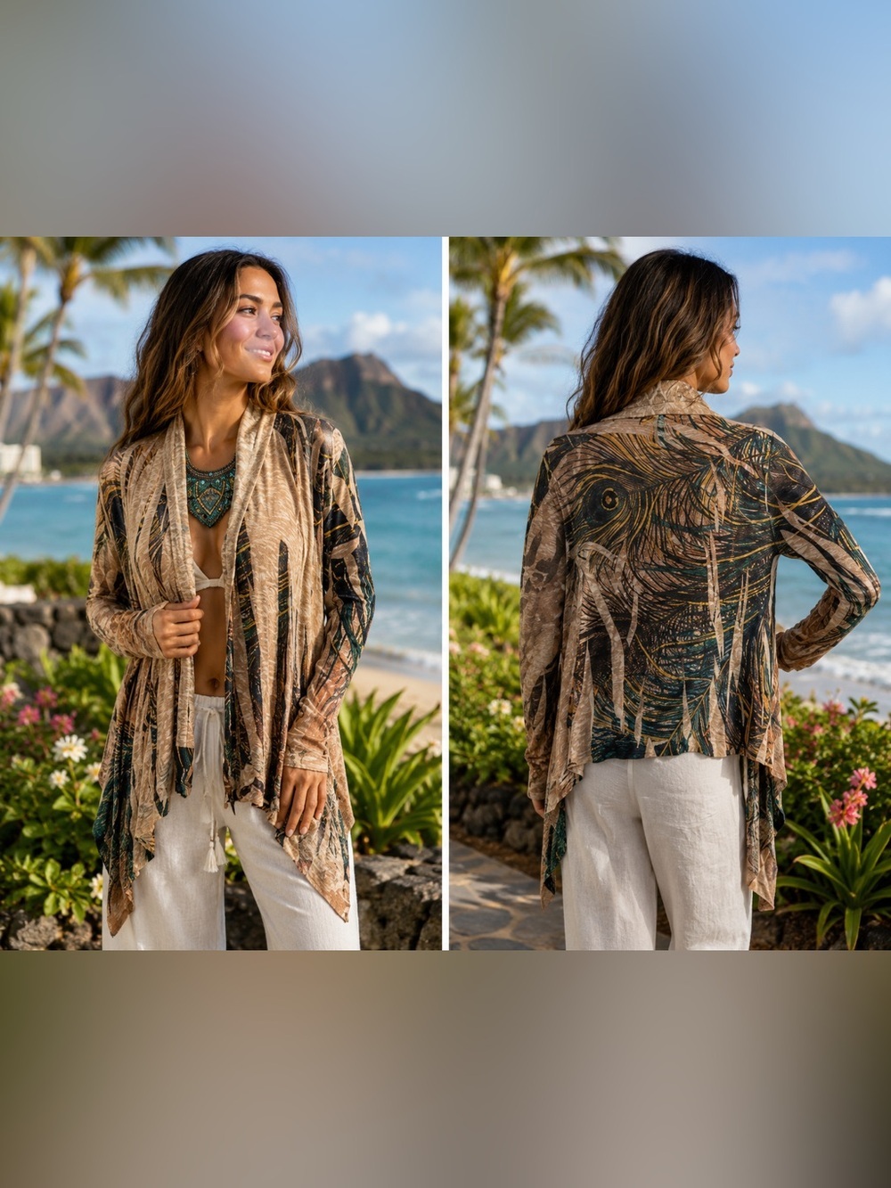 Cookies Clothing Co. Hawaii Tan and Green Peacock Feather Open Cardigan - Size S
